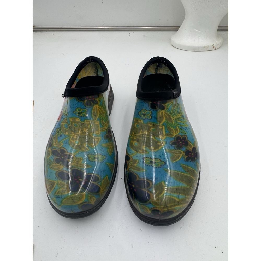 Sloggers Womens 8 Blue Floral Waterproof Garden Shoes Slip On Clogs Made in USA